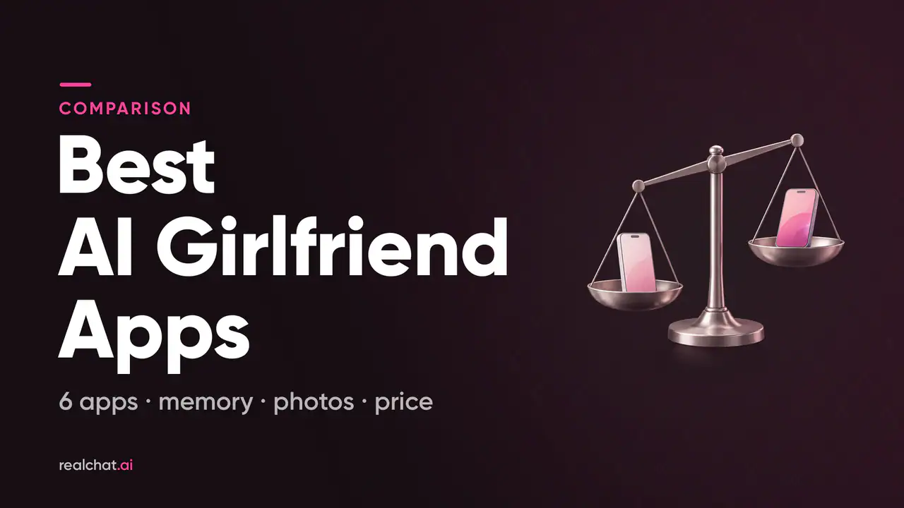 A brushed-metal balance scale with a pink smartphone on each pan, the right one raised slightly higher, symbolising a comparison of AI girlfriend apps.