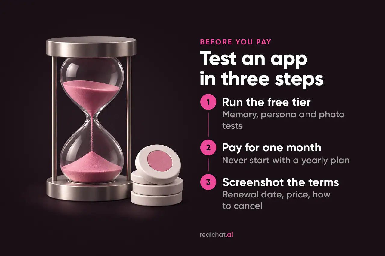 A brushed-metal hourglass with pink sand beside a small stack of matte ceramic tokens, suggesting the limited time of free trials and paid credits.