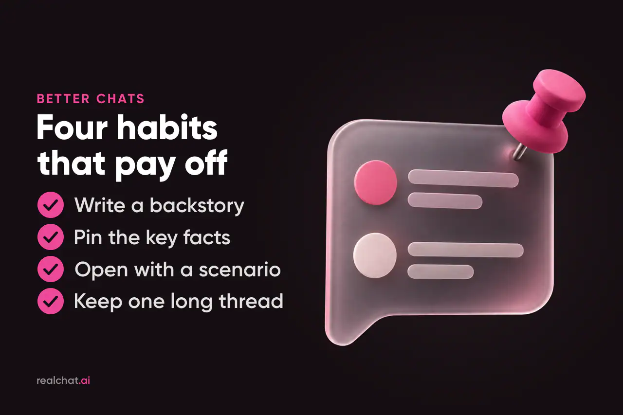 A frosted-glass chat bubble with abstract message lines and a pink matte pushpin in its corner, suggesting pinned key details in an AI companion app.