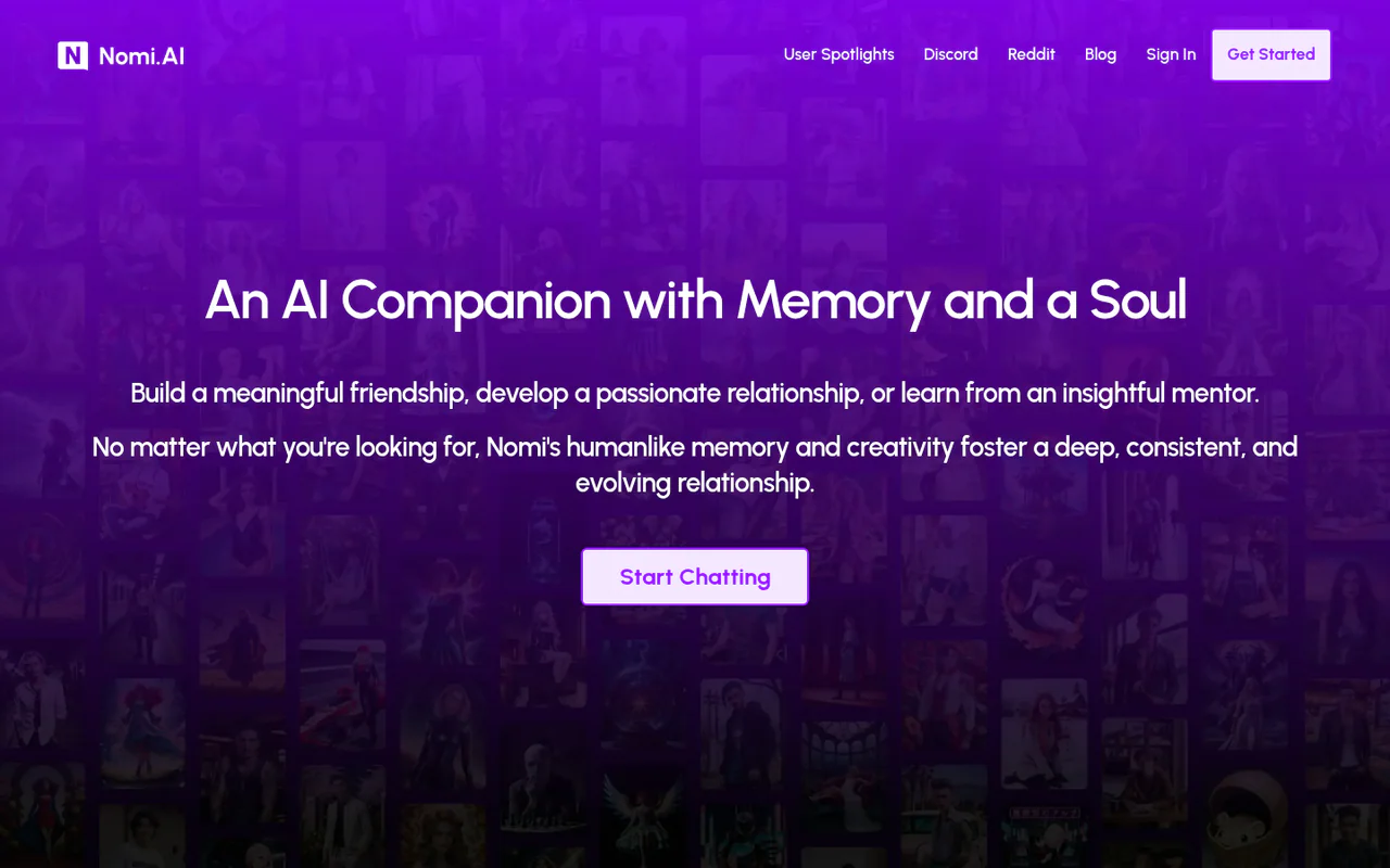 Nomi.AI homepage: purple hero reading "An AI Companion with Memory and a Soul" with a Start Chatting button and a faded grid of avatars behind it.