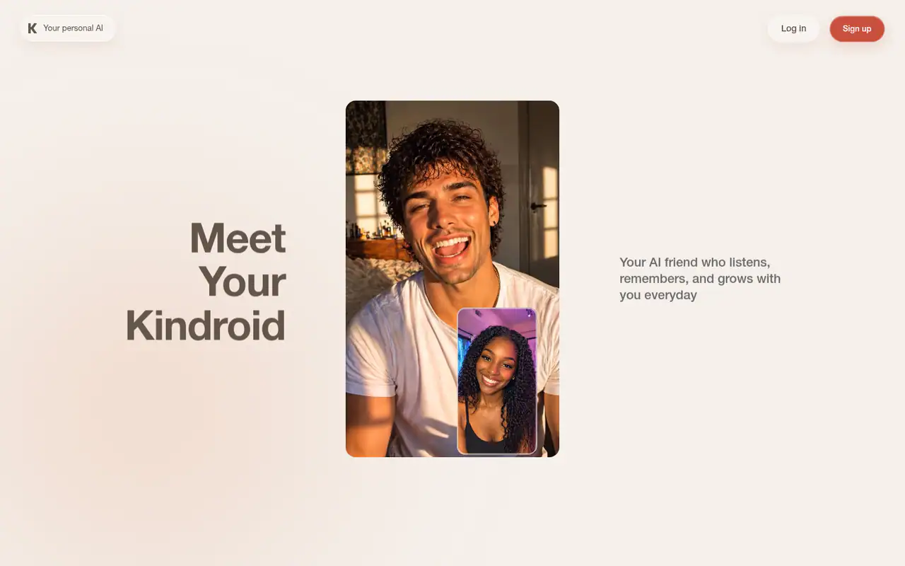 Kindroid homepage with headline "Meet Your Kindroid", a smiling man on a video call with a woman, and the tagline "Your AI friend who listens".