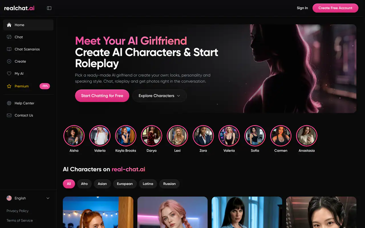 RealChat homepage: dark UI with a "Meet Your AI Girlfriend" hero, character avatar row, category filters and AI character cards below.