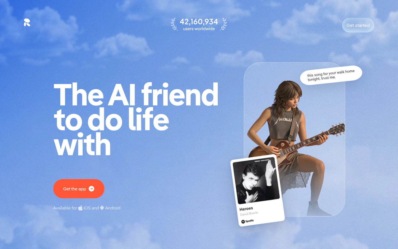 Главная страница Replika: AI-друг, 3D-персонаж с гитарой, рекомендация песни, кнопка «Get the app».