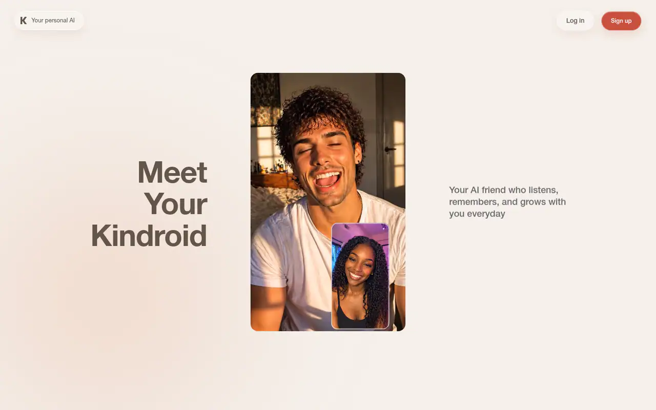 Главная страница Kindroid: заголовок «Meet Your Kindroid» и фото людей на видеозвонке с ИИ-другом.