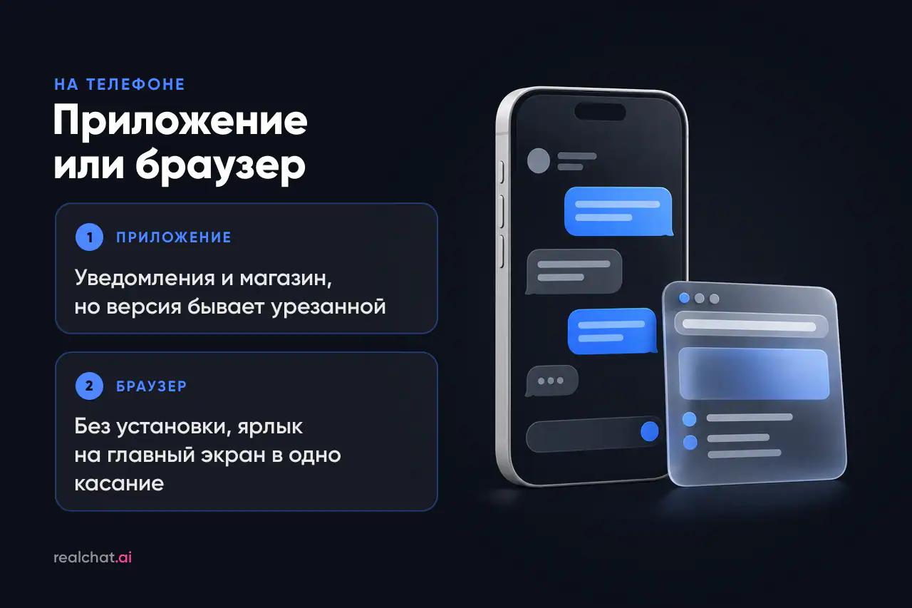 Матовый смартфон с абстрактным чатом и окно браузера рядом — выбор между приложением и веб-версией