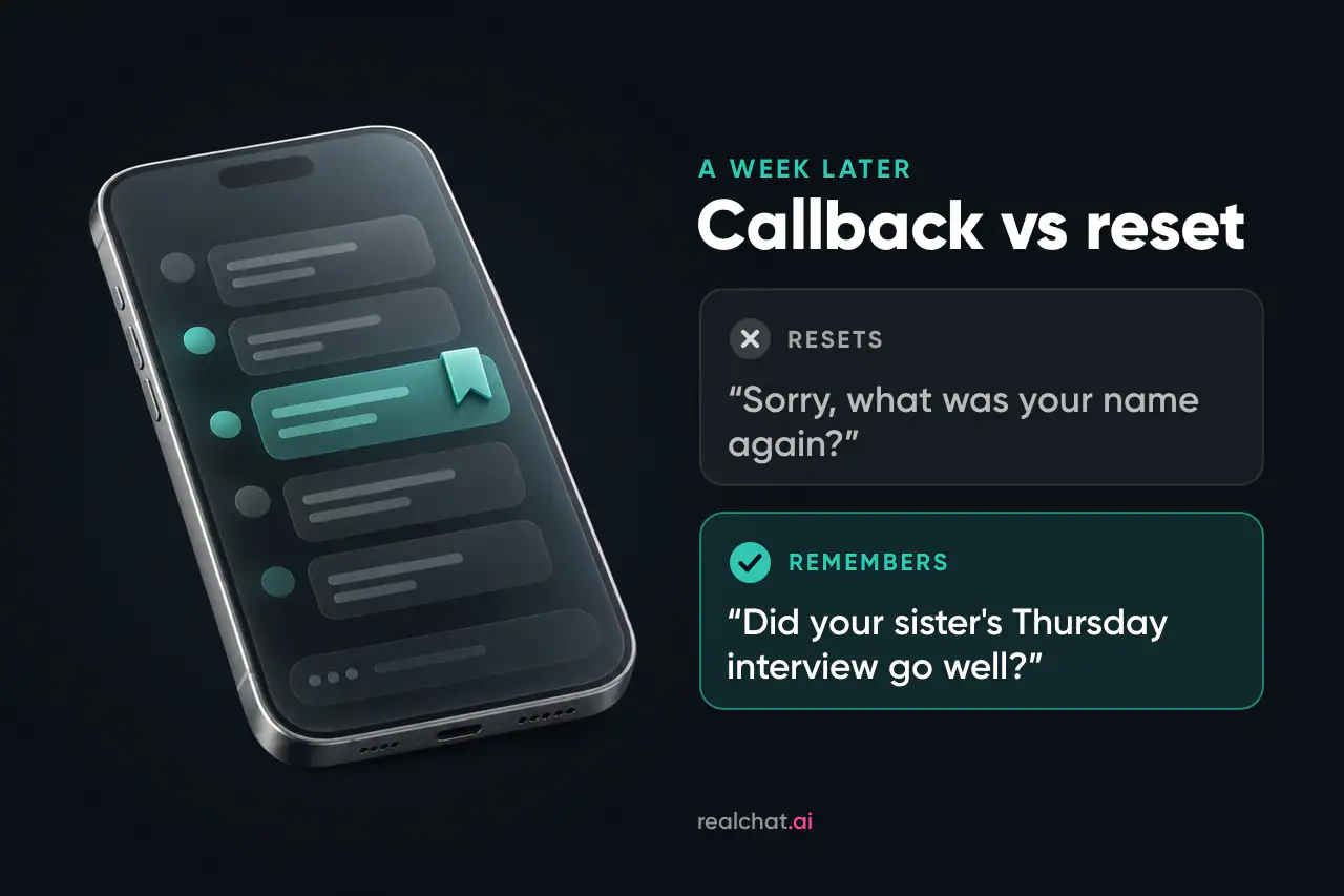A frosted-glass smartphone tilted on a dark background, its screen showing abstract chat lines with one highlighted by a teal bookmark ribbon, like a remembered detail.