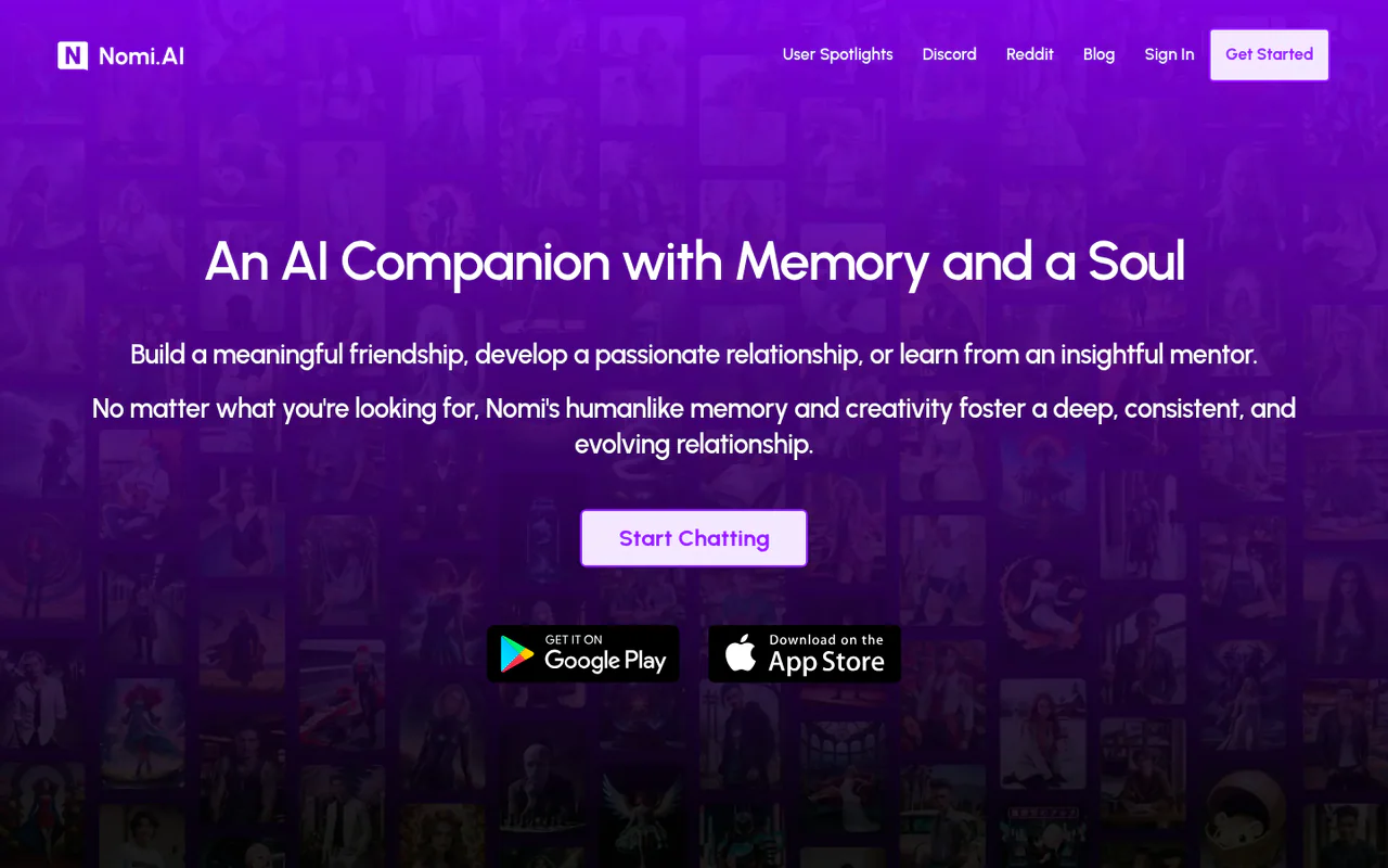 Homepage of Nomi.AI: purple page with the headline "An AI Companion with Memory and a Soul", a Start Chatting button and app store badges.