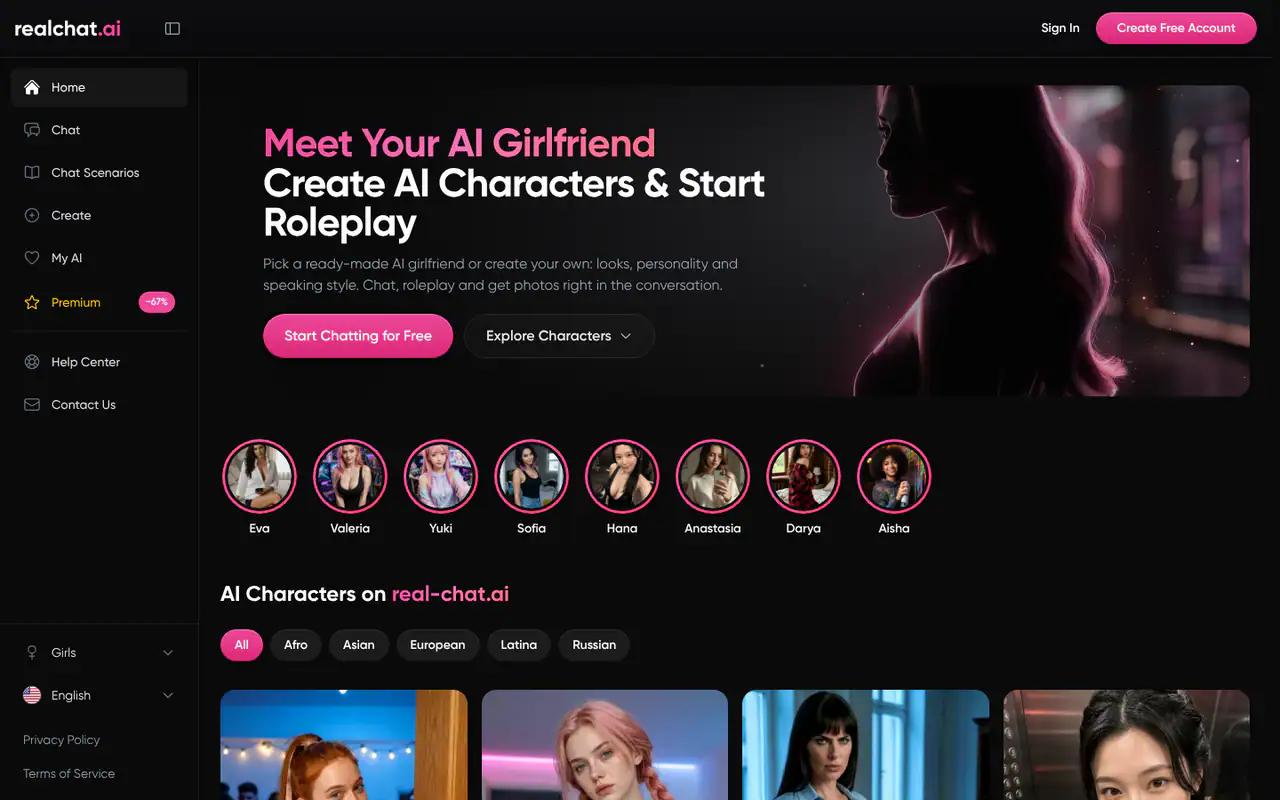 RealChat homepage: dark layout with "Meet Your AI Girlfriend" hero, character avatars, category filters and AI character cards below.The page is shown in full.