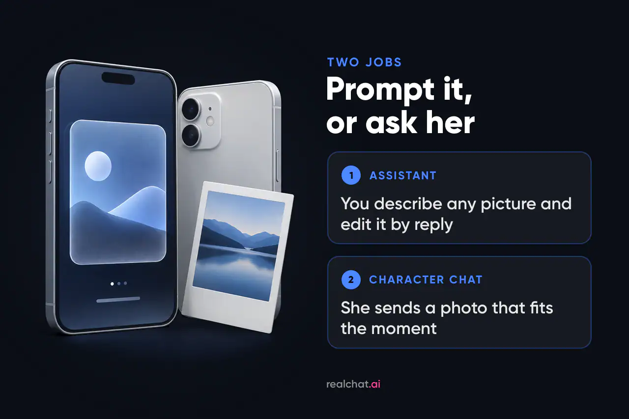 A front-facing phone showing a frosted-glass landscape tile beside a phone back with an instant photo print leaning on it, on a dark background.