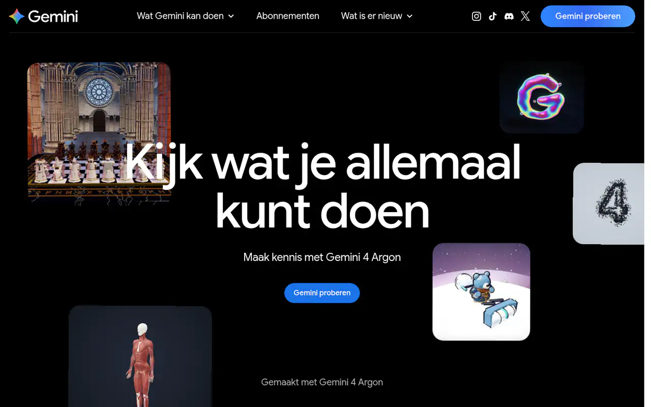 Gemini homepage in Dutch: "Kijk wat je allemaal kunt doen" headline promoting Gemini 4 Argon, with demo tiles and a "Gemini proberen" button.