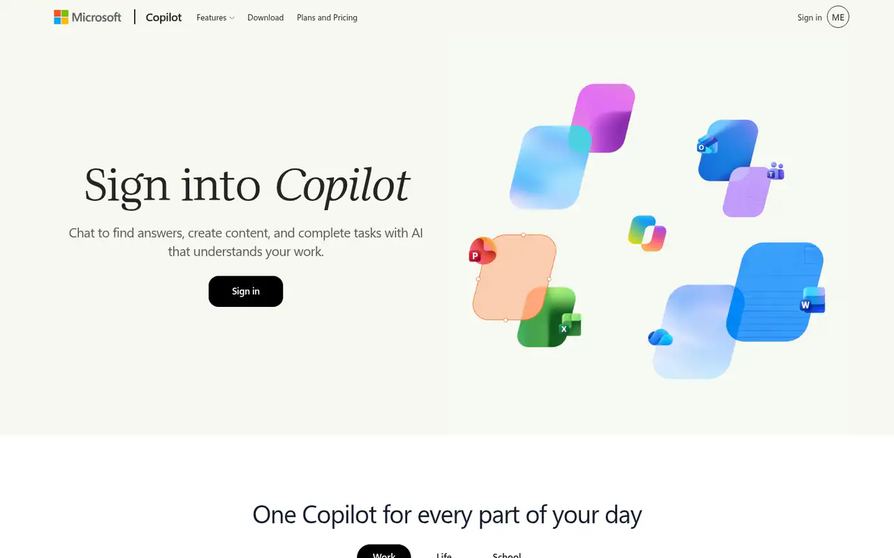 Microsoft Copilot homepage with a "Sign into Copilot" headline, a Sign in button, and colorful Office app icons illustrated on the right.