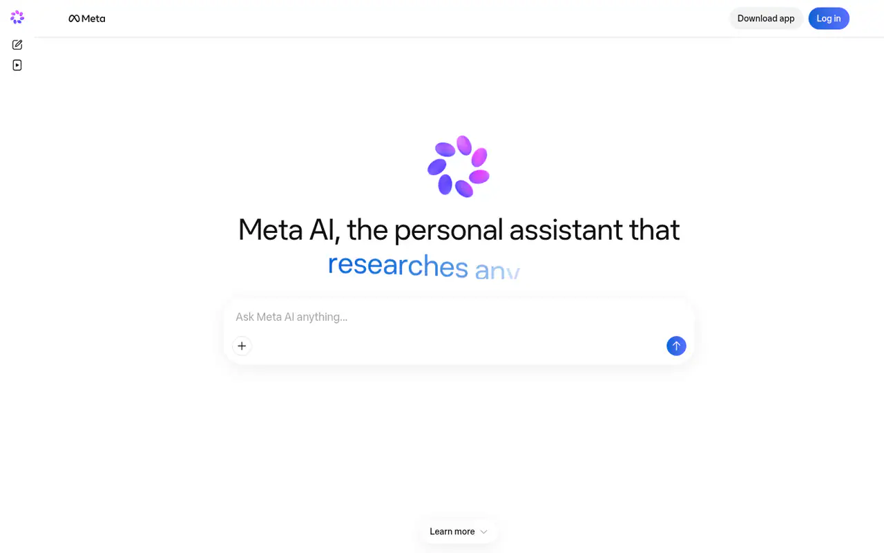 Meta AI homepage with a purple logo, the headline "the personal assistant that researches any...", a prompt box, and Download app and Log in buttons.