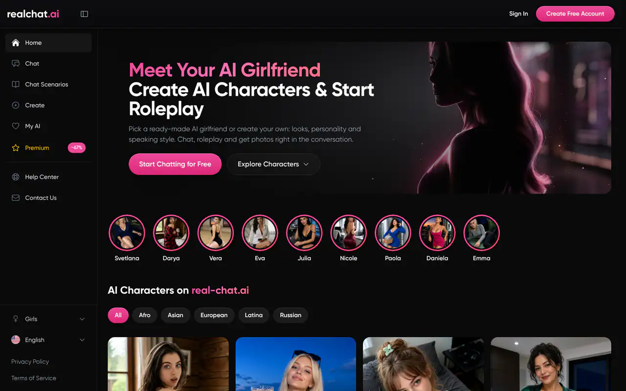 RealChat homepage: dark-themed AI girlfriend platform with a pink-accented hero banner, character avatars, category filters and a sidebar menu.