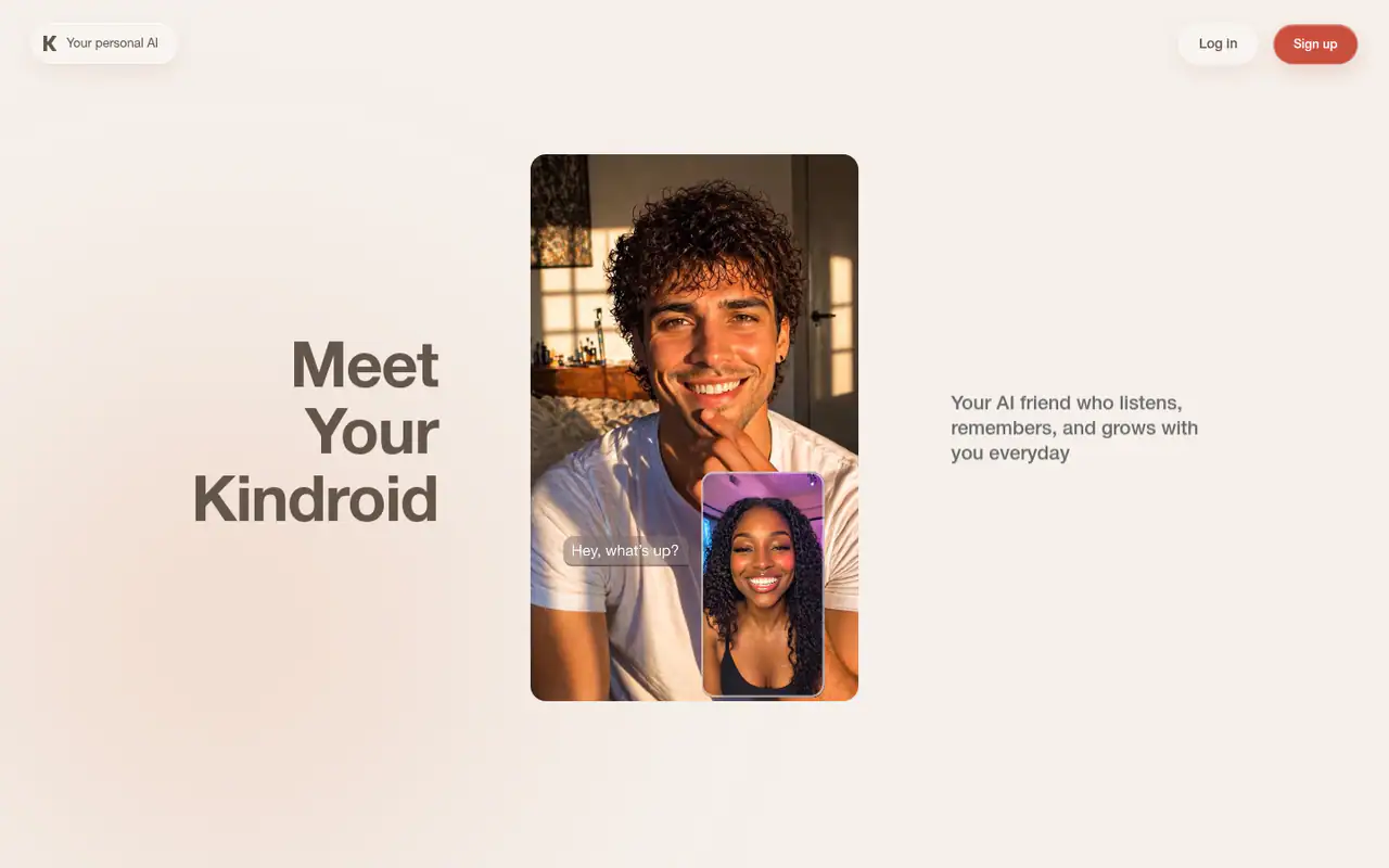 Kindroid homepage with the headline "Meet Your Kindroid", a smiling man on a video call with an AI companion, and Log in and Sign up buttons."}