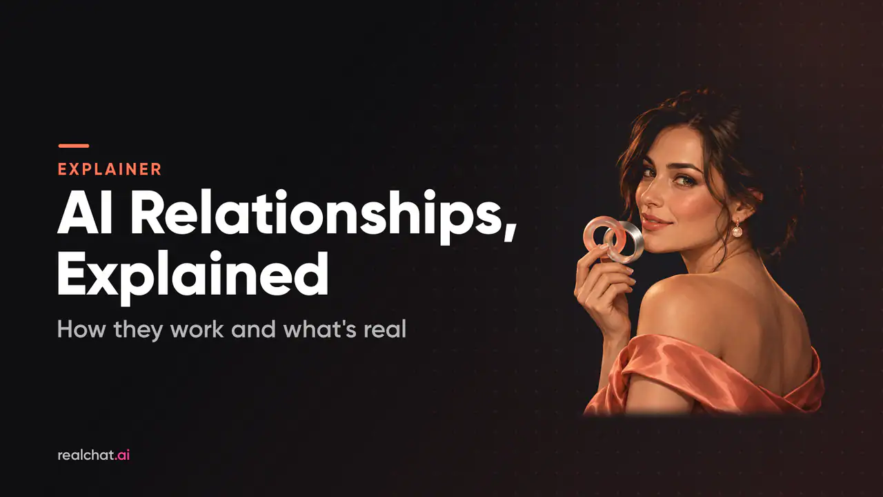 An illustrated woman in a coral satin off-shoulder dress smiles over her shoulder, holding two interlocking rings, one frosted glass and one metal, as a symbol of human-AI bonds.