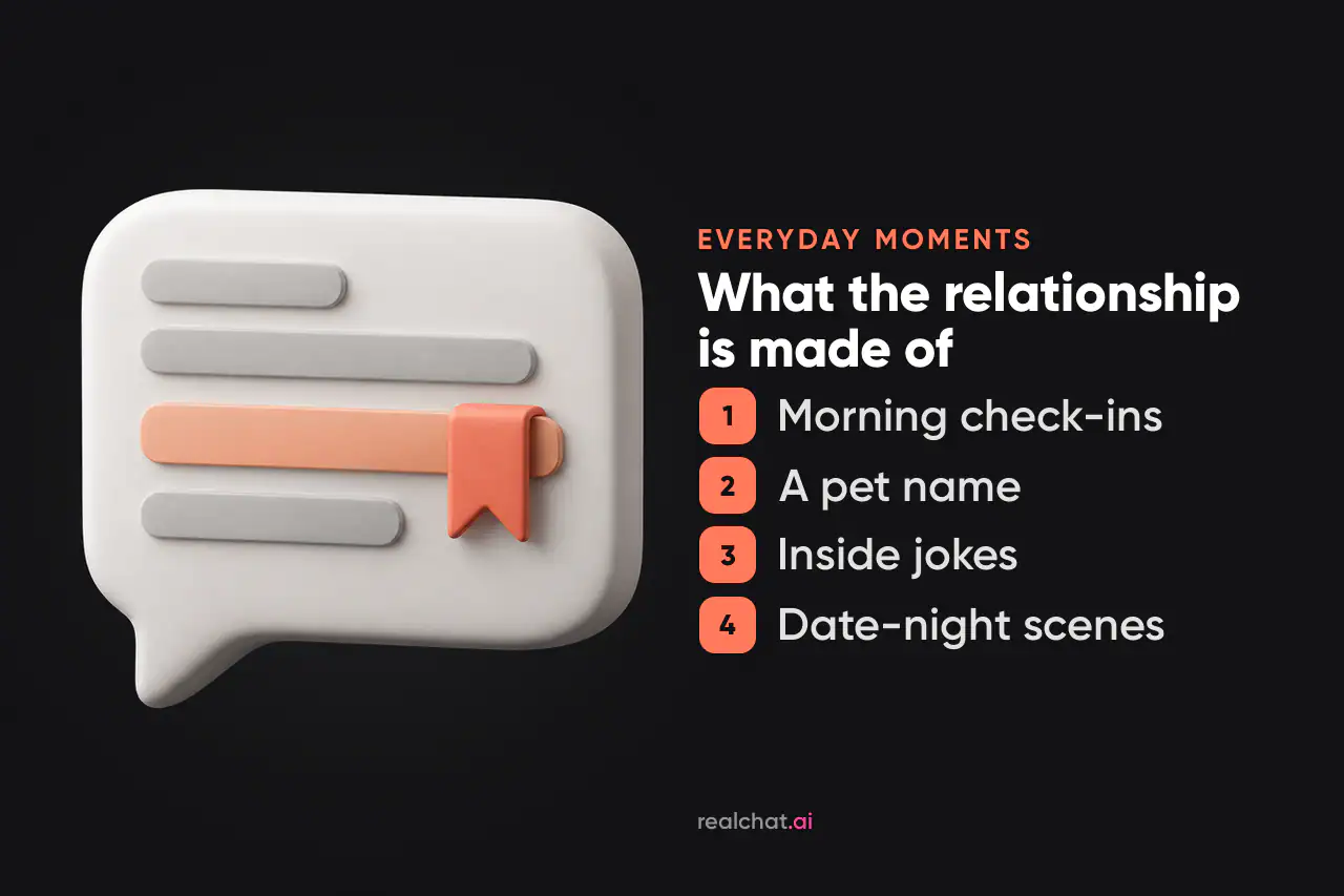 A matte white ceramic chat bubble with grey message lines and a coral bookmark ribbon on one line, suggesting a detail an AI partner remembers.