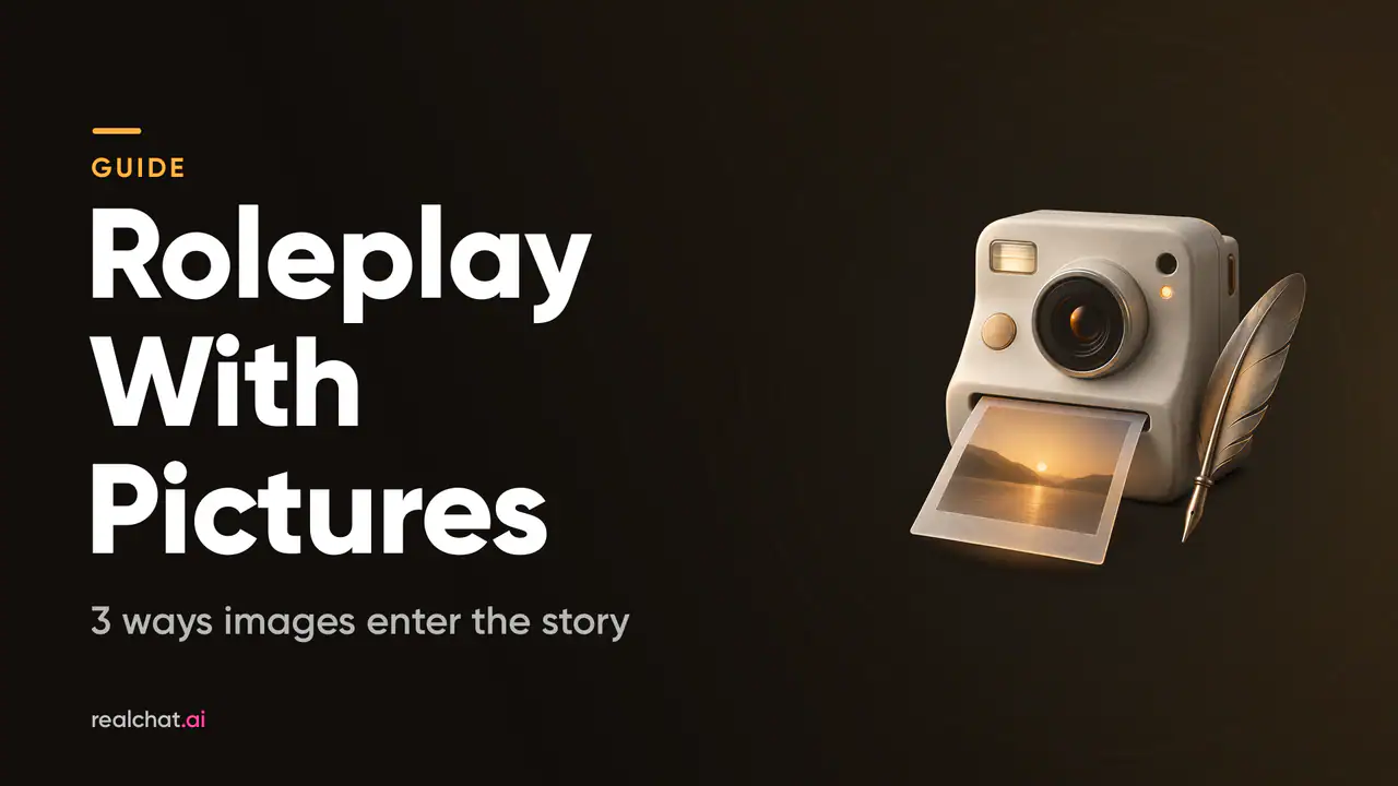 A matte cream instant camera with a frosted print showing a glowing sunset emerging from its slot, with a brushed-metal quill leaning beside it.