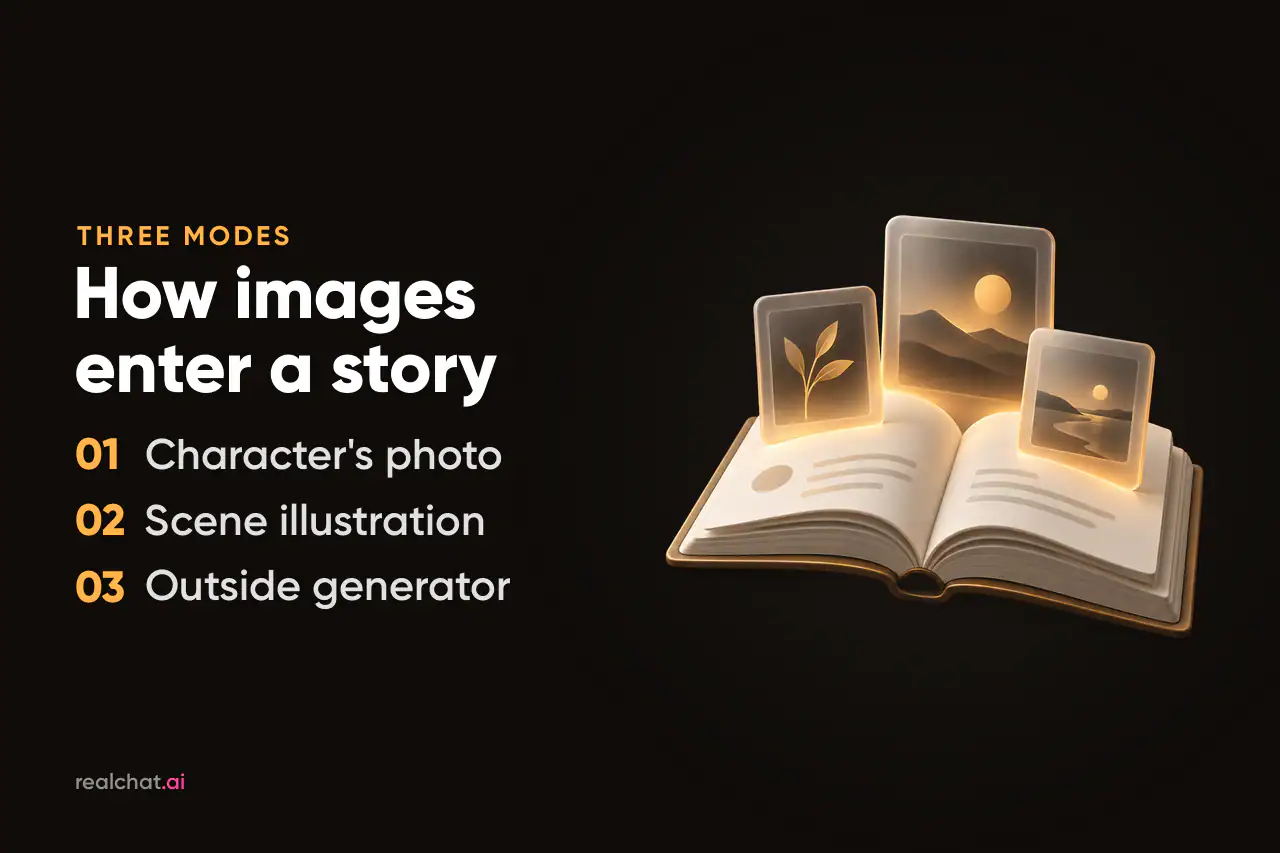 An open matte storybook with three softly glowing frosted-glass frames showing a plant, mountains and a seaside sunset rising from its pages. ::: Illustrating images in AI roleplay stories