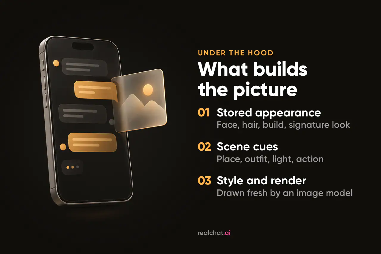 A matte smartphone with abstract amber and grey chat bubbles on its screen and a frosted-glass photo card with a sun and mountains sliding out of the edge.