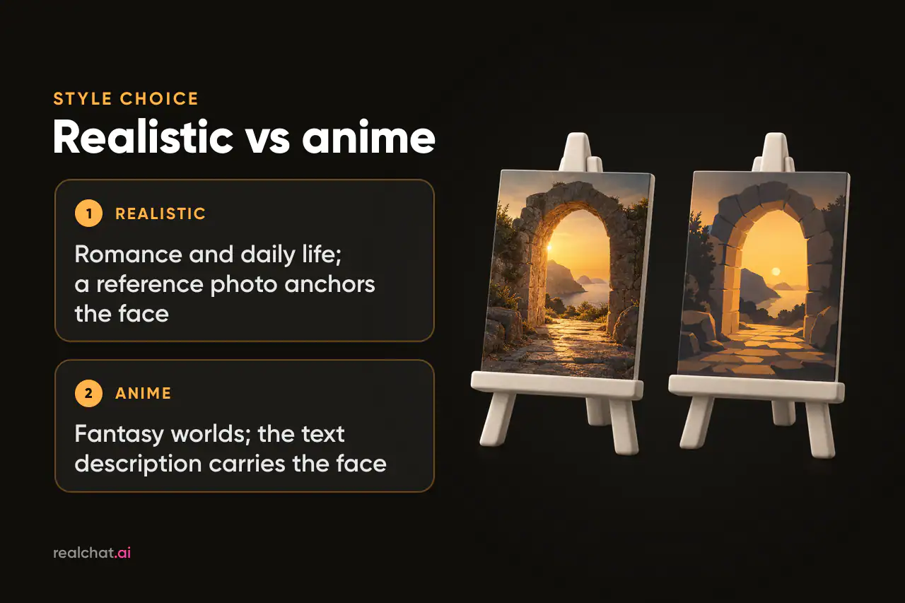 Two matte ceramic easels on a dark background hold the same sunset stone archway, one painted photorealistically and the other in flat cel-shaded style.