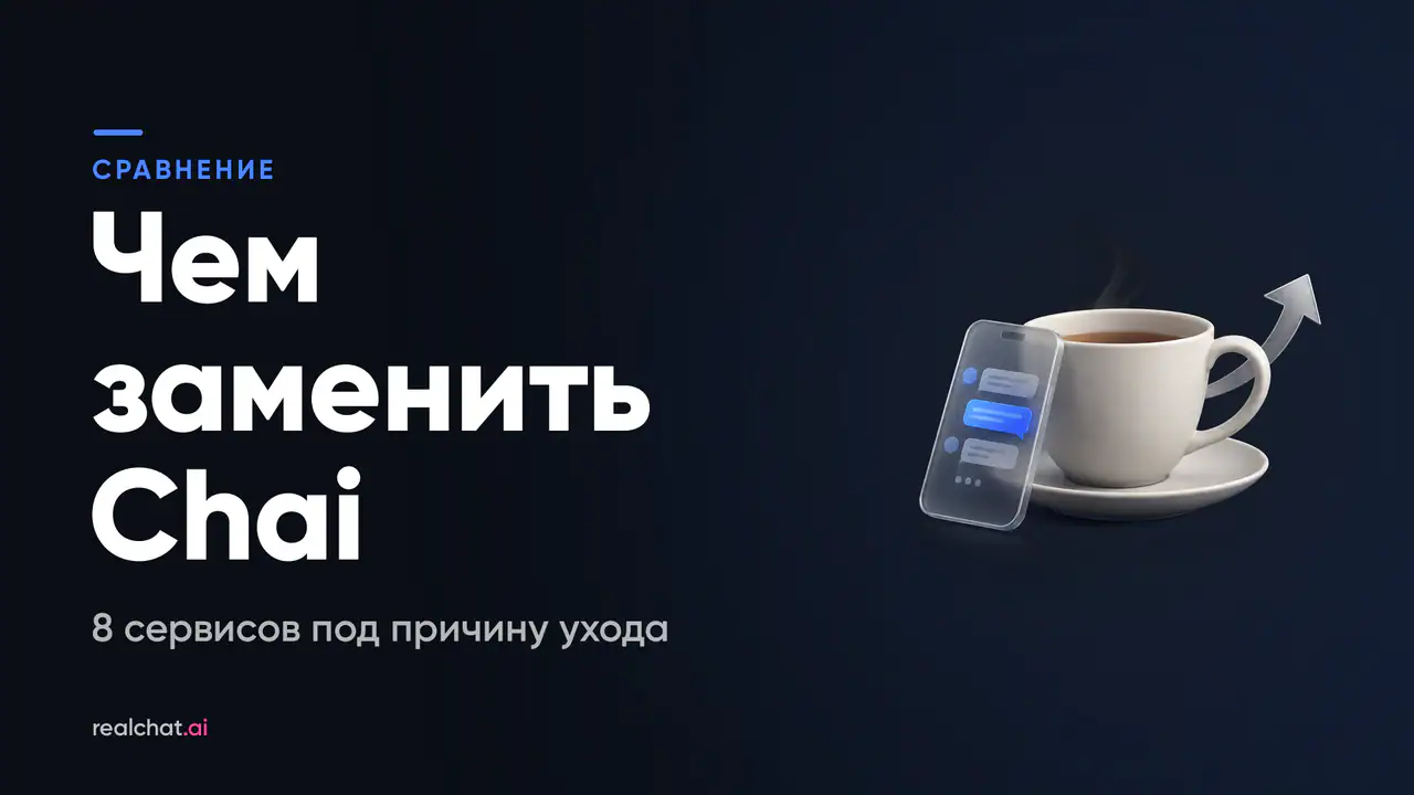 Матовая белая чашка с паром на блюдце, рядом матовый стеклянный смартфон с абстрактным чатом и изогнутая алюминиевая стрелка — обложка о заменах Chai.