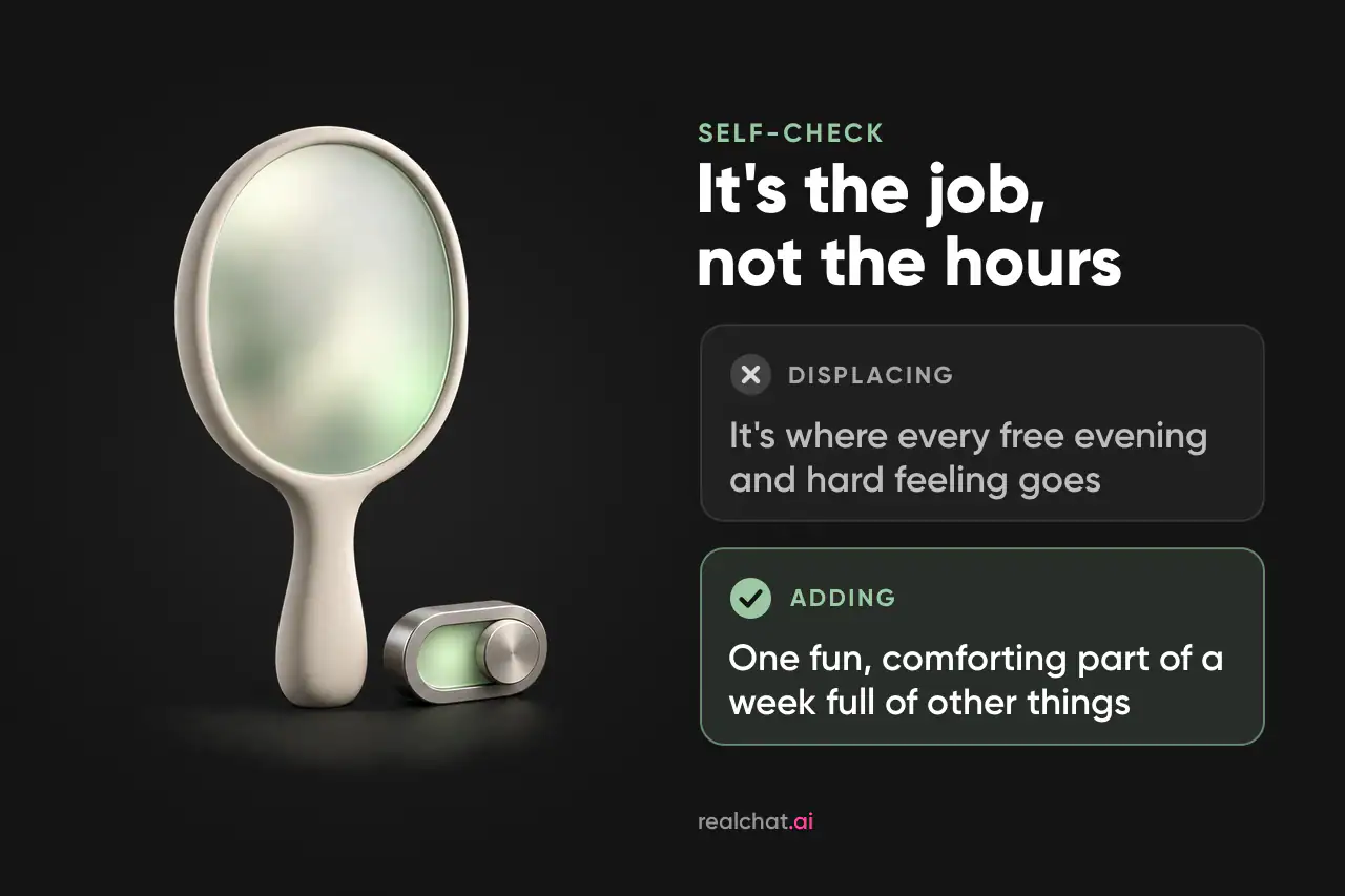 A matte ceramic hand mirror with a softly glowing frosted-glass face stands beside a small brushed-aluminium toggle switch, evoking an honest self-check.