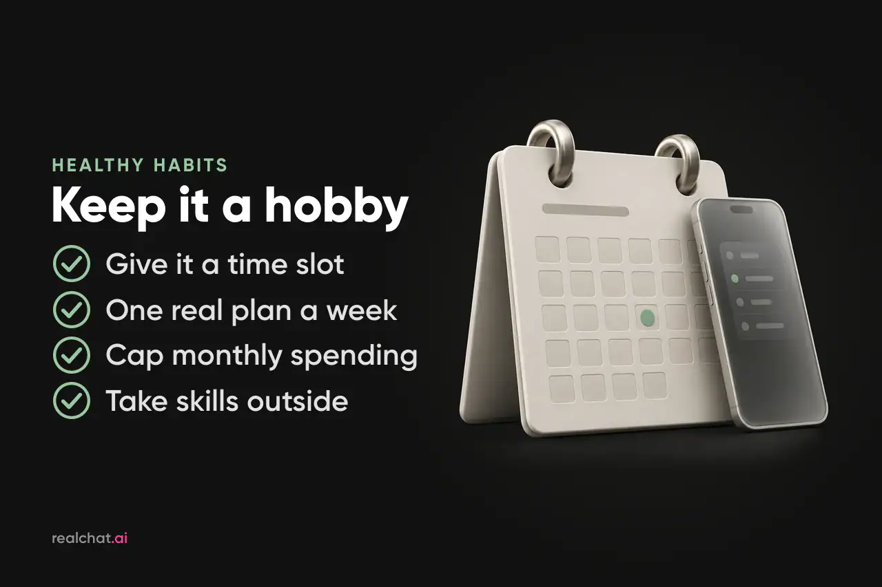 Matte ceramic desk calendar with a single green-marked day and a frosted-glass phone leaning against it, suggesting real-life plans come first.}