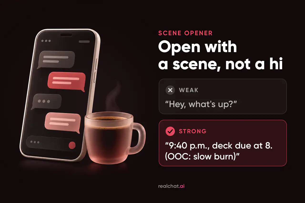 A matte ceramic smartphone showing abstract red and grey chat bubbles, with a steaming frosted-glass cup of coffee beside it on a dark background.
