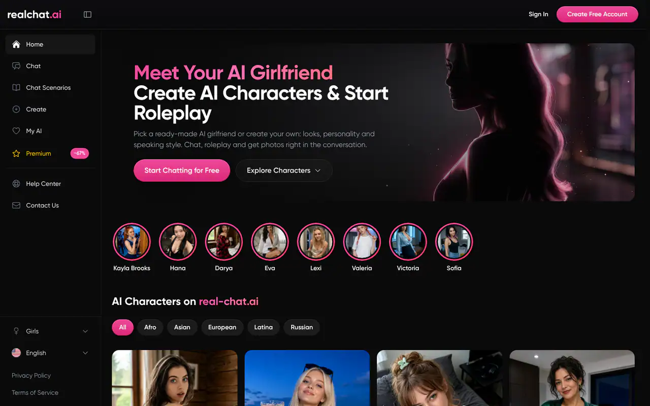 RealChat homepage: dark AI girlfriend chat platform with pink headline, Start Chatting button, character avatars and category filters.