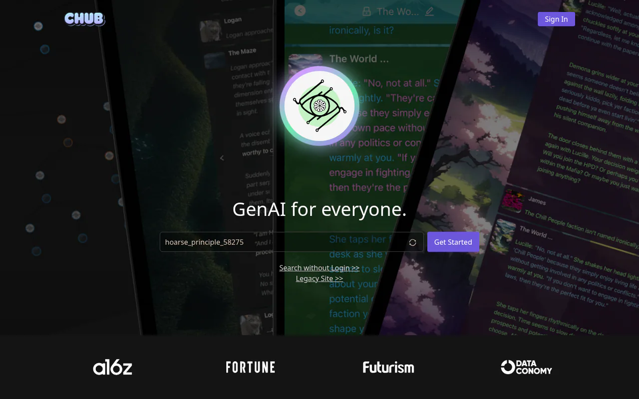 Chub AI homepage with the tagline "GenAI for everyone," a username field, a Get Started button, and press logos below.parallel chat screenshots behind it.