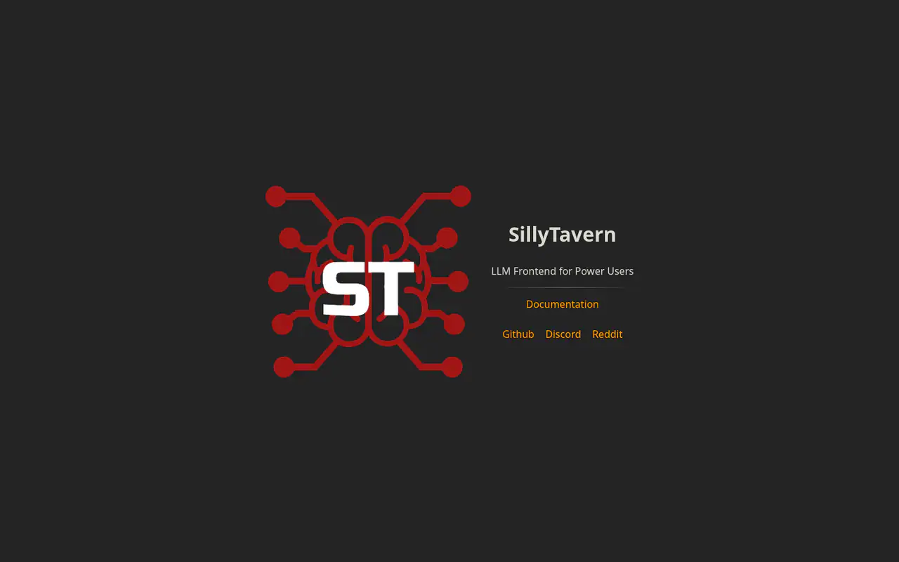 SillyTavern homepage: red brain-circuit "ST" logo on a dark background, tagline "LLM Frontend for Power Users" and links to Documentation, Github, Discord, Reddit.