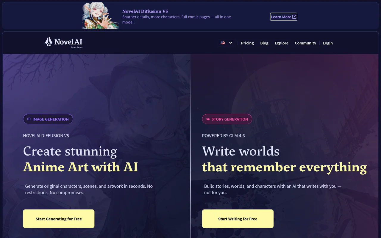 NovelAI homepage with a split hero: anime image generation (Diffusion V5) on the left and AI story writing on the right, each with a free-start button.