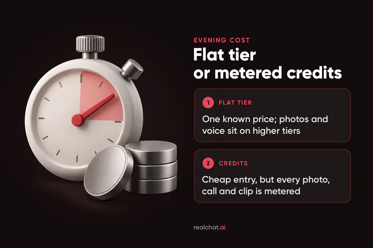 Matte white stopwatch with a red elapsed-time wedge beside a short stack of brushed-aluminium tokens, suggesting the time and cost of an evening of AI chat.