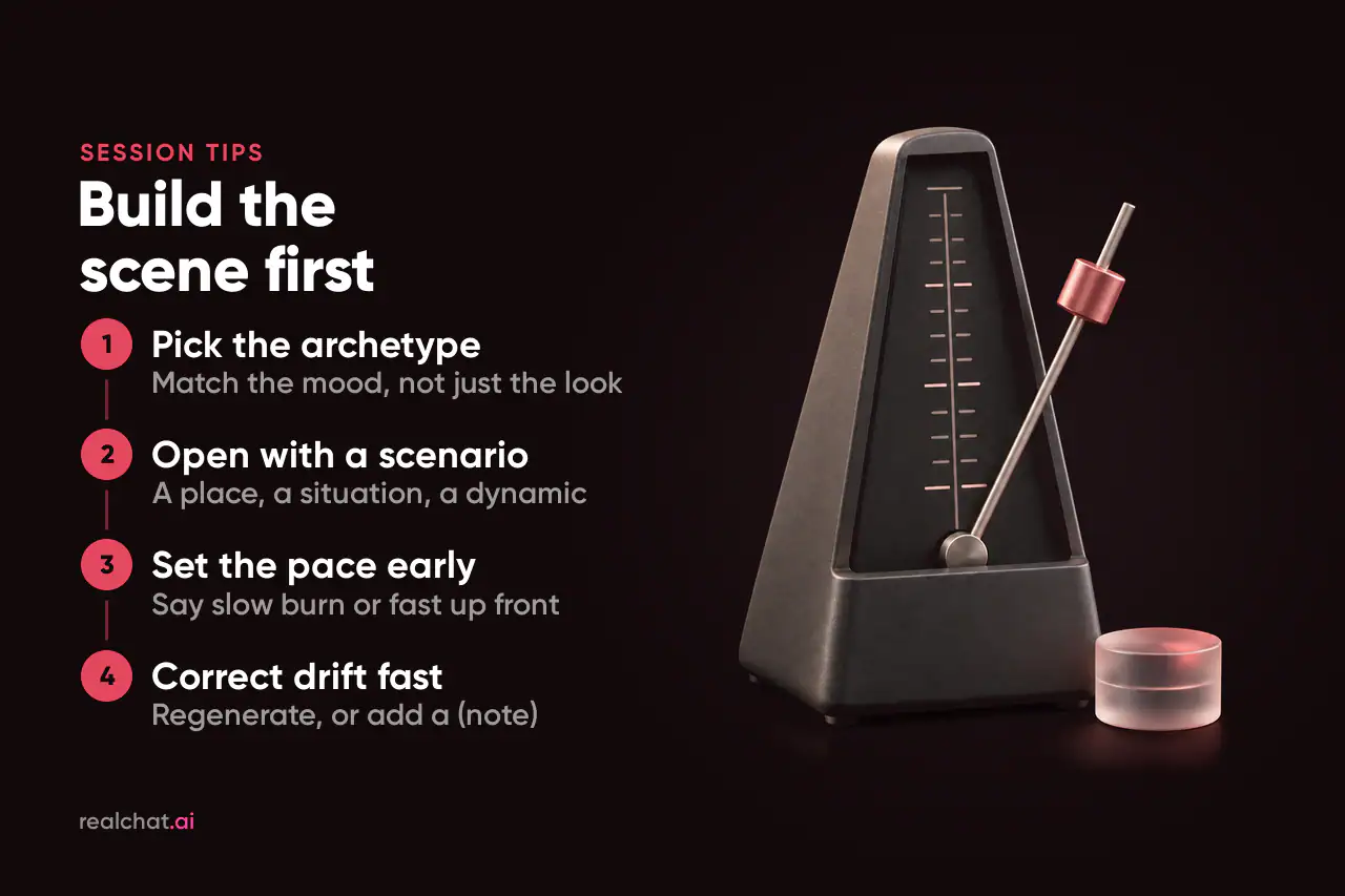 Matte graphite metronome with its pendulum mid-swing and a coral weight, beside a frosted-glass knob, suggesting control over a chat's pace.