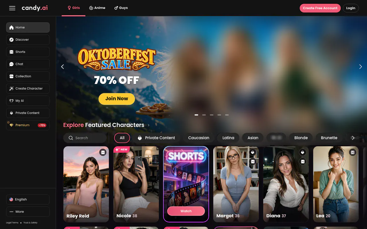 Candy.ai homepage with an Oktoberfest 70% off banner showing three women in dirndls, plus category tabs and AI character cards below.
