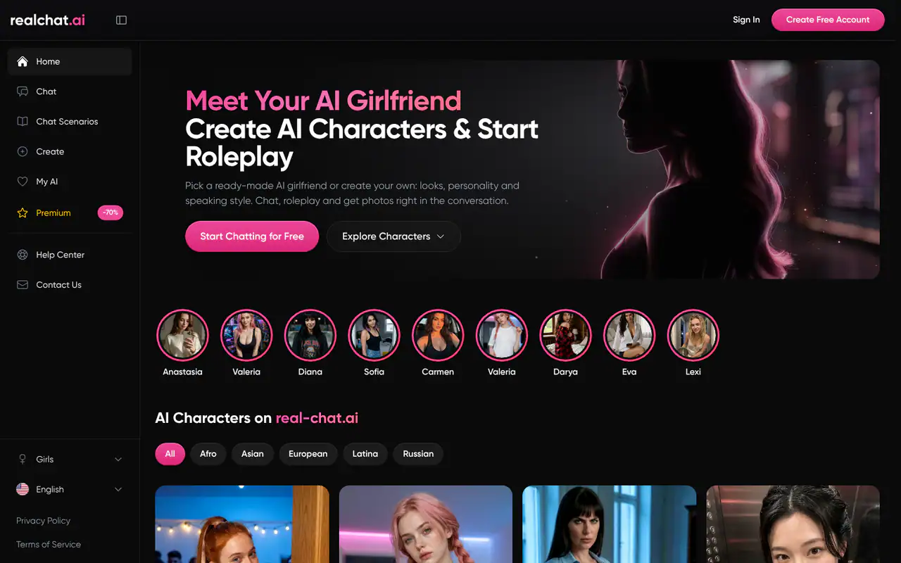 RealChat homepage with the headline "Meet Your AI Girlfriend", a dark sidebar menu, a row of AI character avatars and category filters.