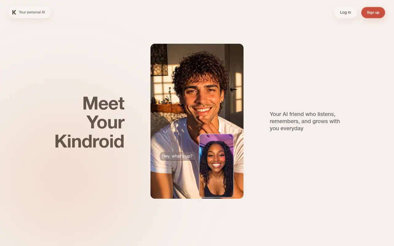 Kindroid homepage with the headline "Meet Your Kindroid", a smiling man on a video call with an AI companion, and Log in and Sign up buttons.PS