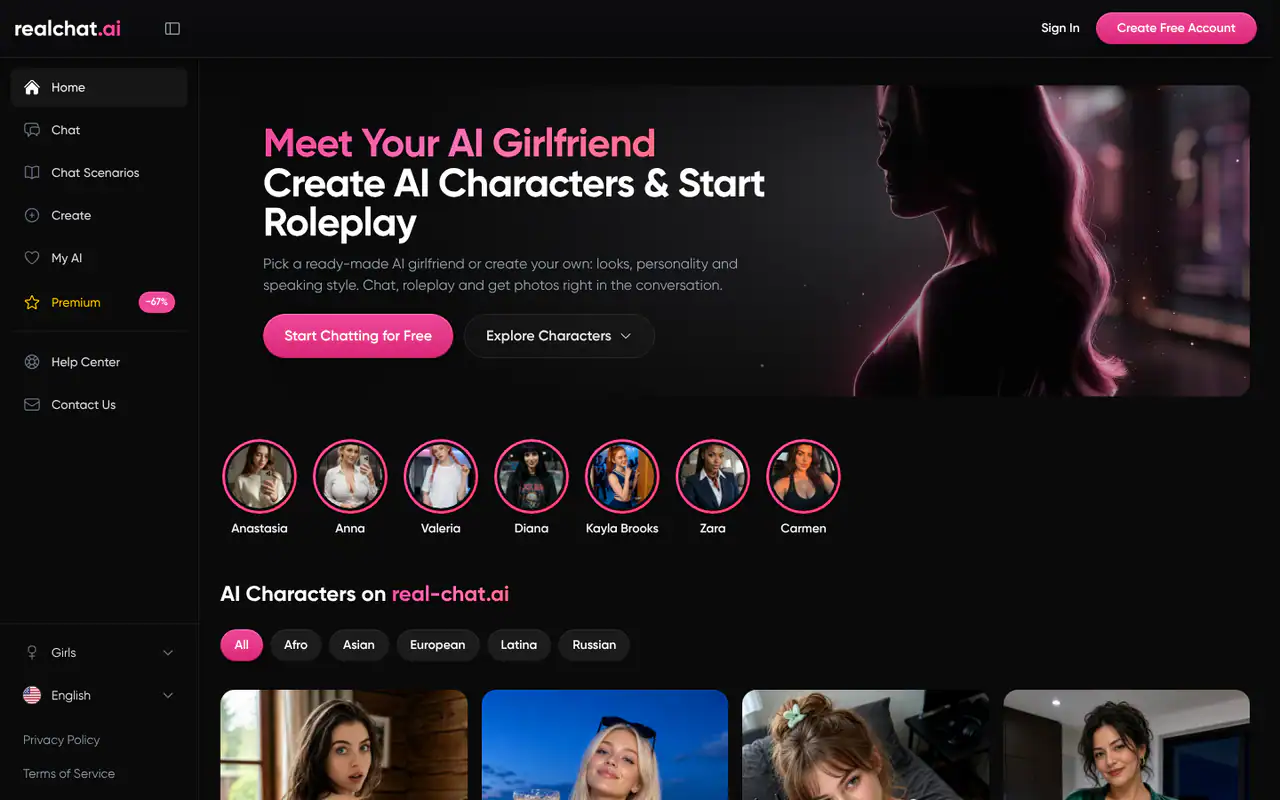 RealChat homepage: dark-themed AI girlfriend chat platform with pink headline, sign-in buttons, character avatars, category filters and thumbnails.