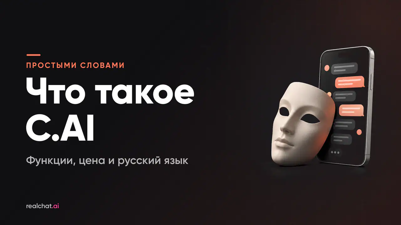 Матовая керамическая театральная маска опирается на смартфон, на экране которого абстрактные пузырьки чата, — образ общения с ИИ-персонажами.