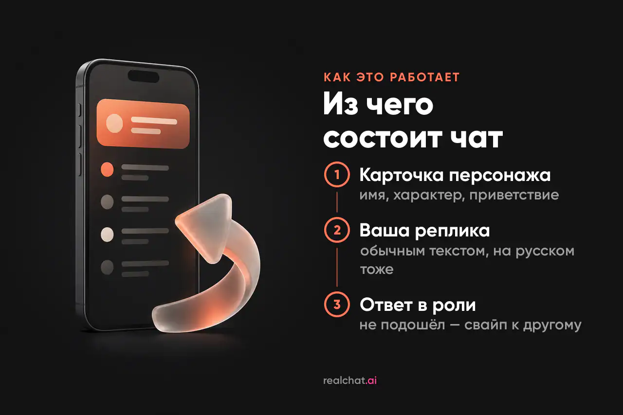 Тёмный смартфон с абстрактным экраном из карточки и строк списка, рядом матовая стеклянная изогнутая стрелка с тёплым оранжевым свечением.