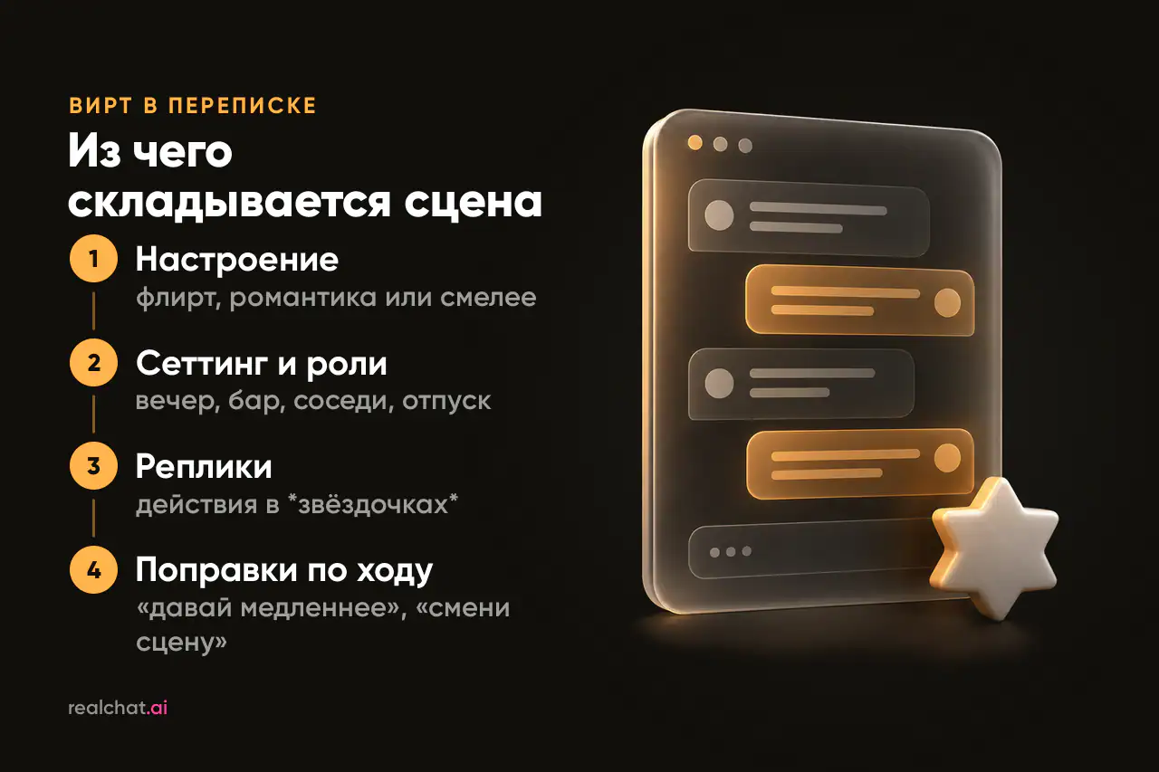 Матовая стеклянная панель чата с чередующимися абстрактными сообщениями из линий и точек и маленькой керамической шестиконечной звездой у основания.