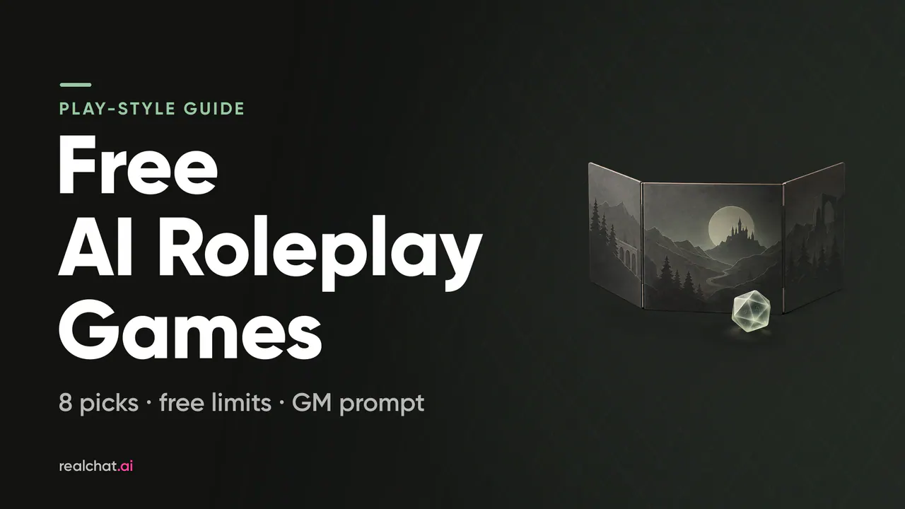 A matte graphite folding tabletop game screen with a moonlit castle landscape and a small frosted-glass twenty-sided die in front, on a dark background.