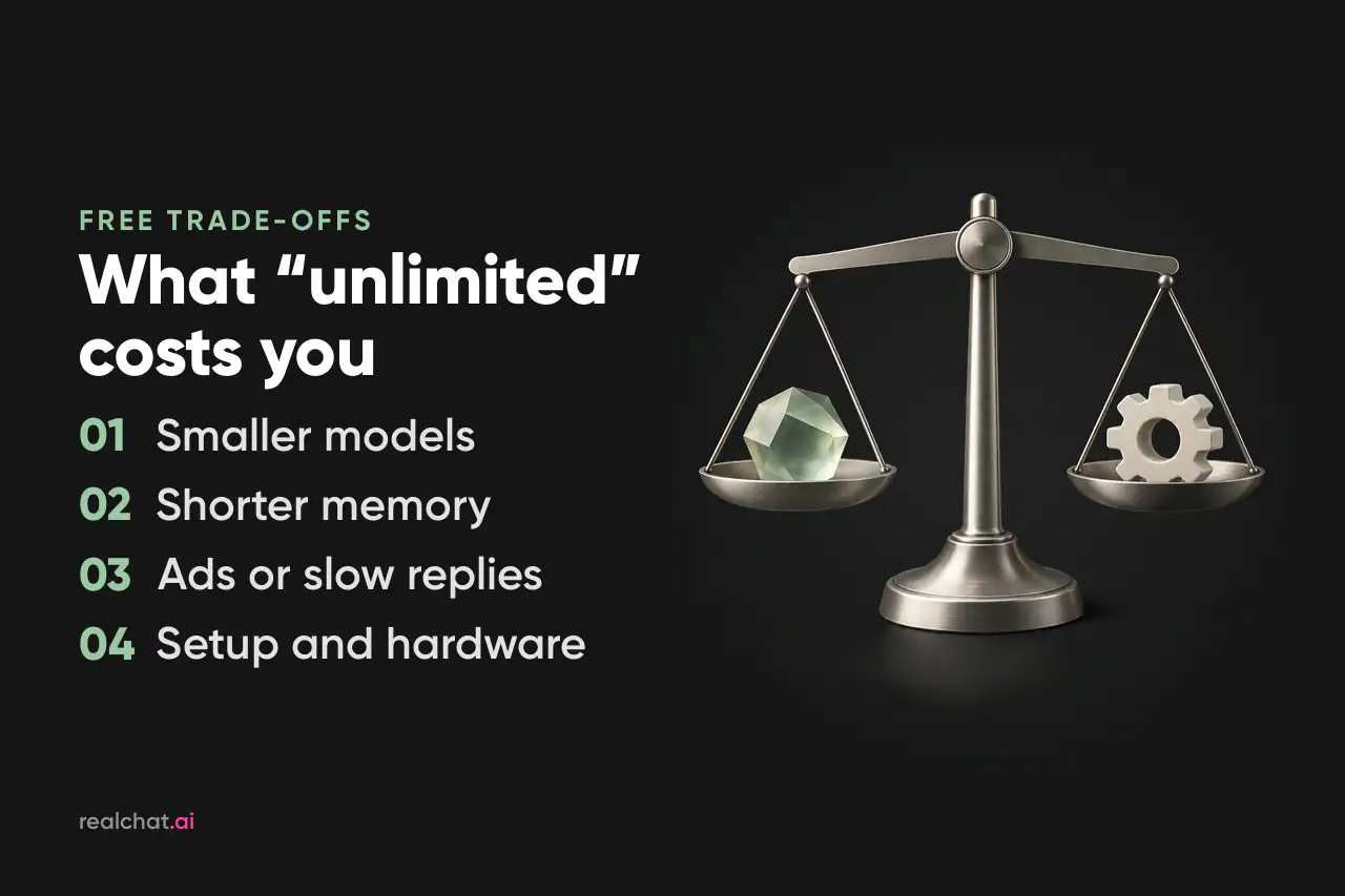A brushed-aluminium balance scale holding a frosted-glass gem in one pan and a matte ceramic gear in the other, weighing what free AI roleplay offers.