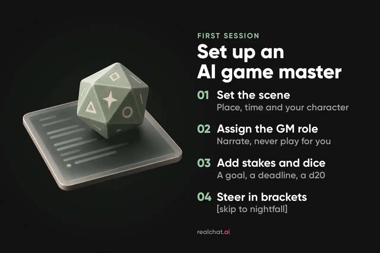 A sage-green matte ceramic twenty-sided die with engraved geometric symbols rests on a frosted-glass tablet showing abstract lines of text and a small dot cursor.