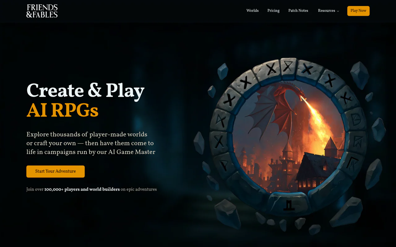 Friends & Fables homepage: "Create & Play AI RPGs" headline, a fire-breathing dragon over a burning town in a rune ring, and a Start Your Adventure button.
