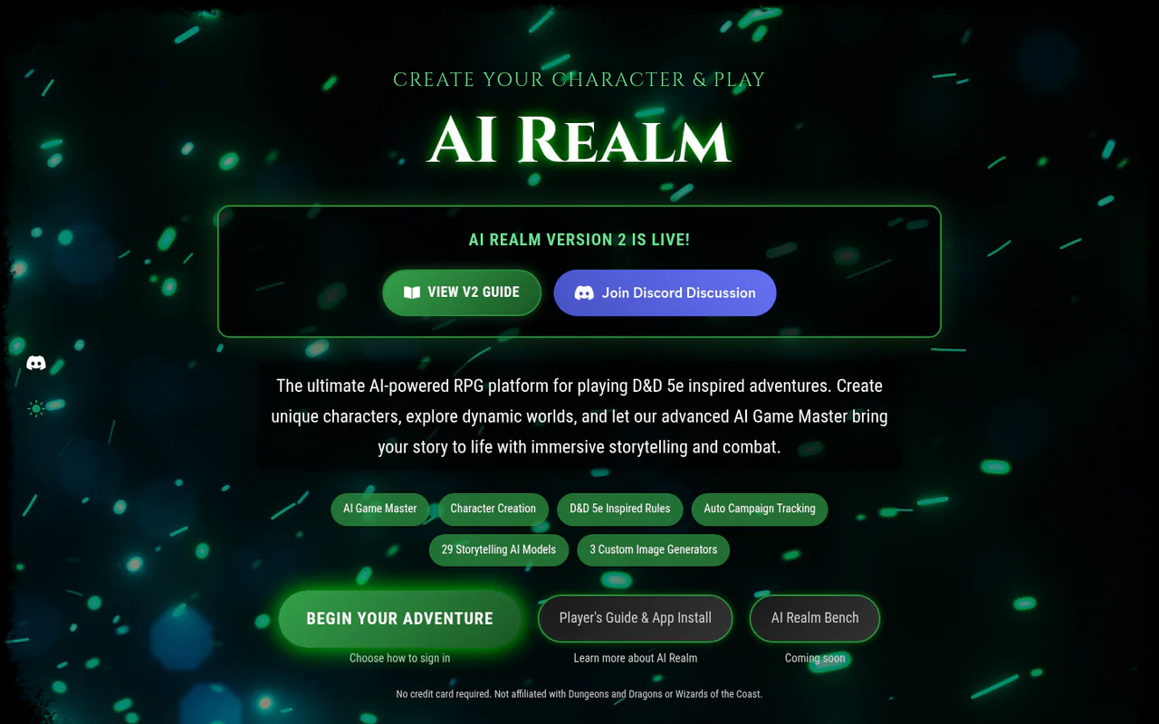 Homepage of AI Realm: an AI-powered D&D 5e inspired RPG platform, with a V2 announcement, Discord link, feature tags and a Begin Your Adventure button.