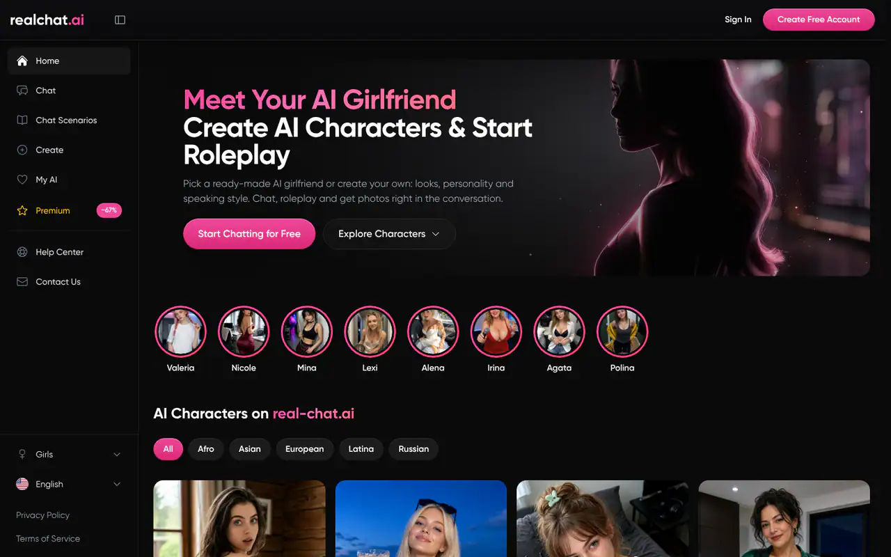 RealChat homepage: dark-themed AI girlfriend chat platform with a hero banner, character avatars, category filters and a Start Chatting button.
