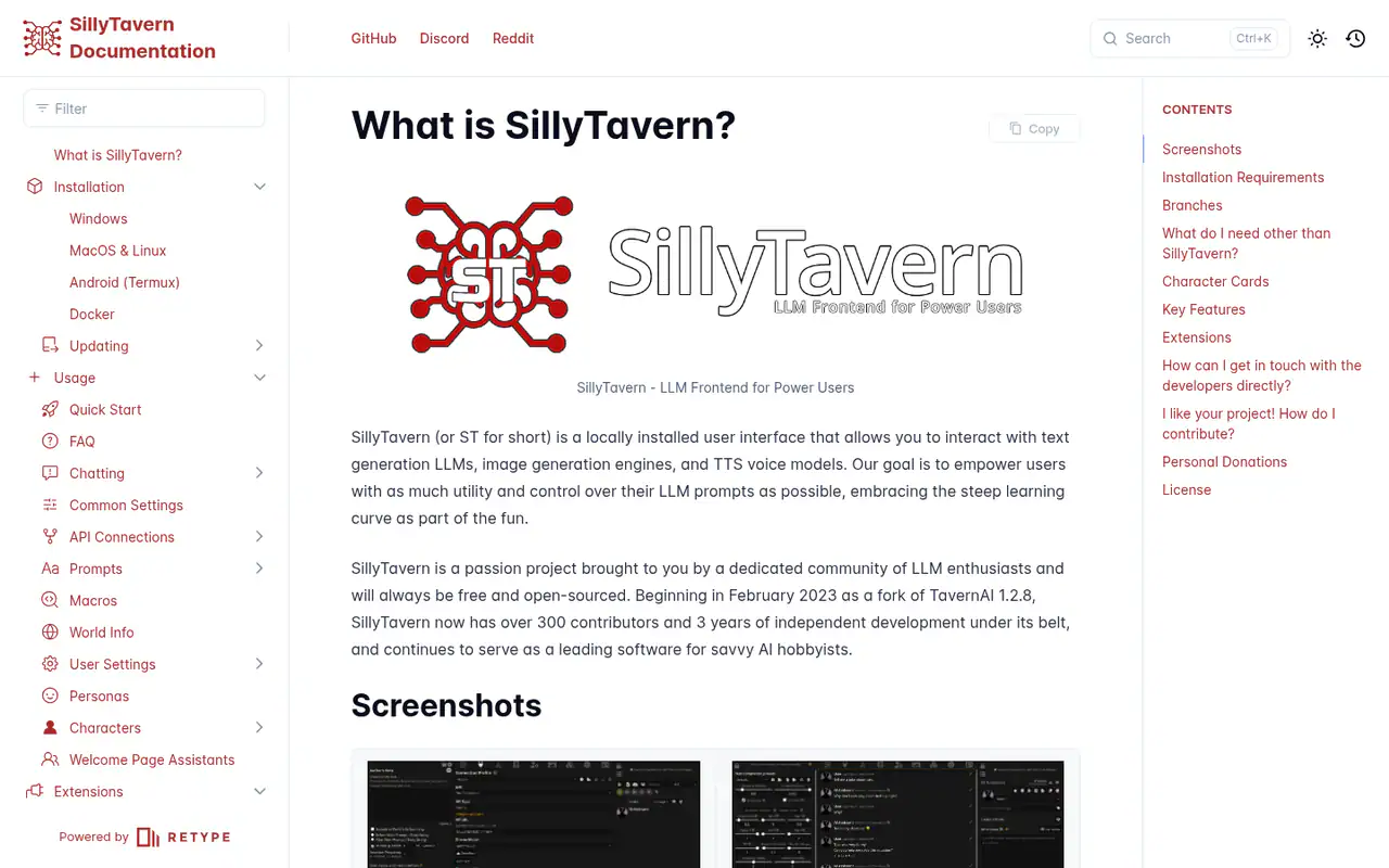 SillyTavern documentation page "What is SillyTavern?" with the logo, intro text, a sidebar menu and screenshots of the LLM frontend interface.