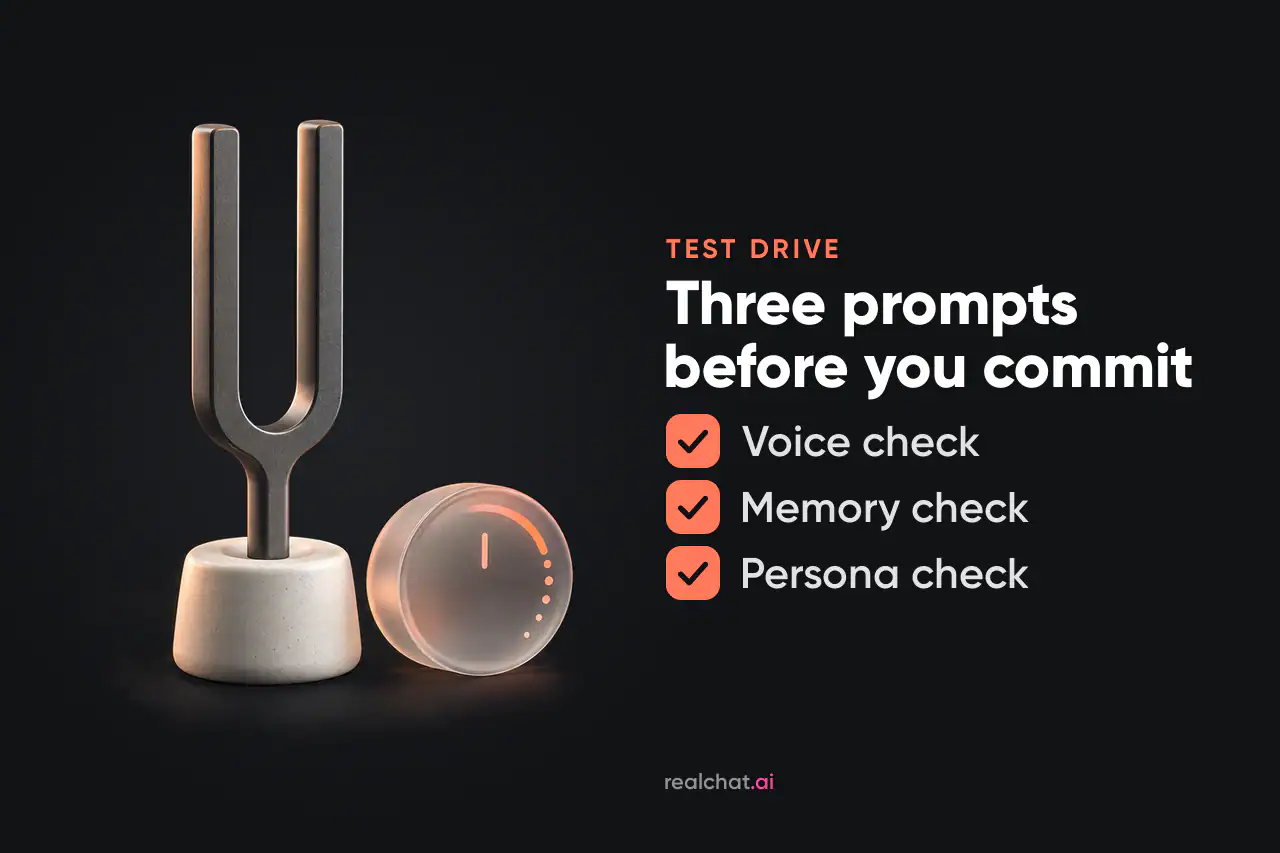 A graphite tuning fork on an off-white ceramic base beside a frosted-glass dial with a soft orange glow, evoking tuning a character's voice and consistency.