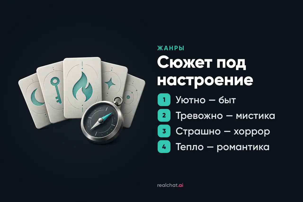 Веер из пяти керамических карт с символами полумесяца, ключа, пламени, звезды и орбиты и металлический компас перед ними на тёмном фоне.